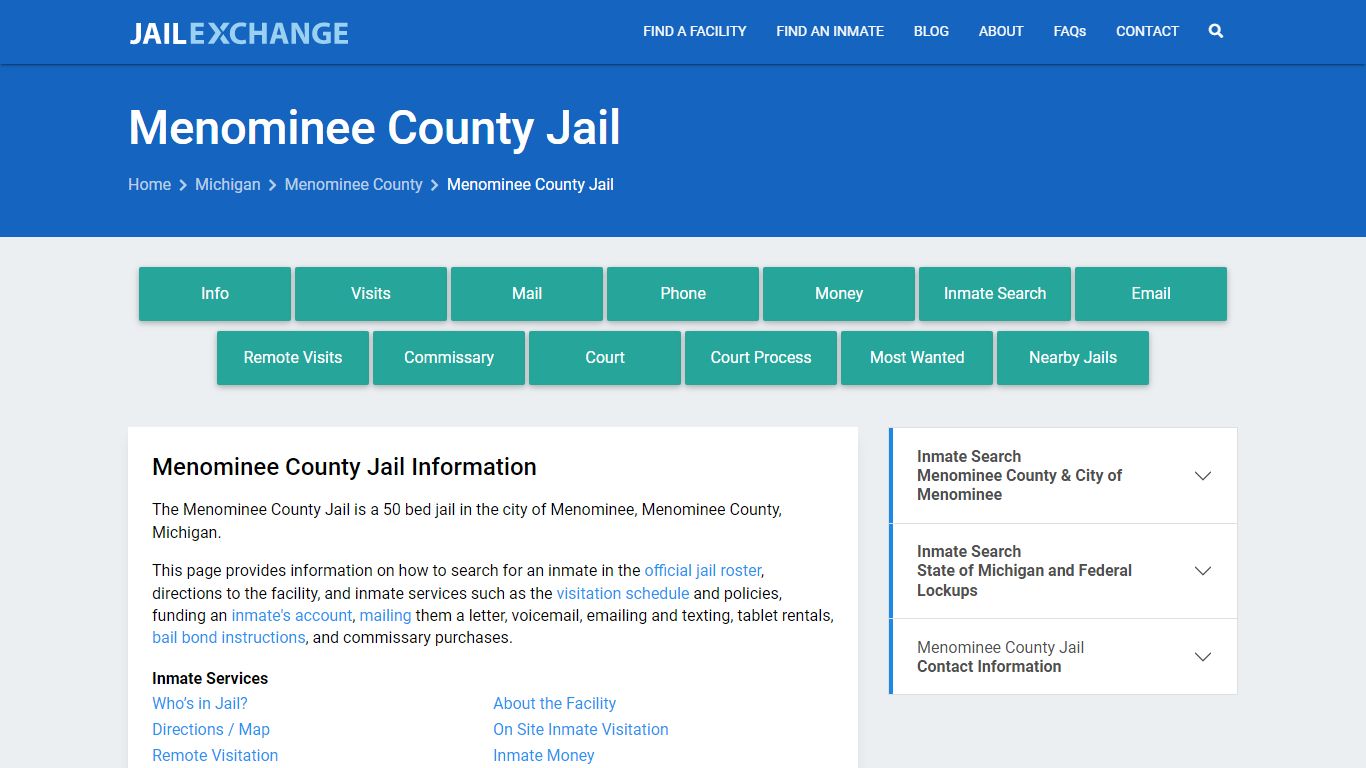 Menominee County Jail, MI Inmate Search, Information